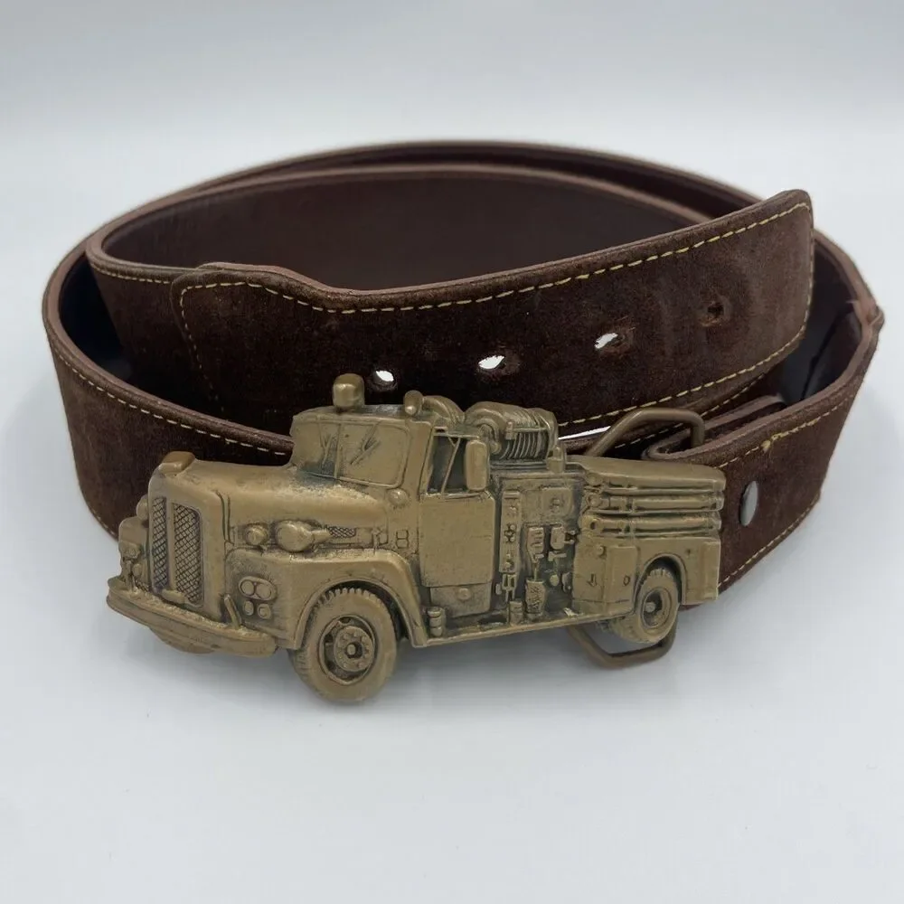 Vintage 1978 Solid Brass Fire Truck Belt Buckle by Baron Buckles Italian Leather